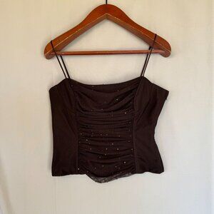 Vintage Y2K BCBG MAXAZRIA Brown Sequin Mesh Overlay Bustier Corset Top Size L